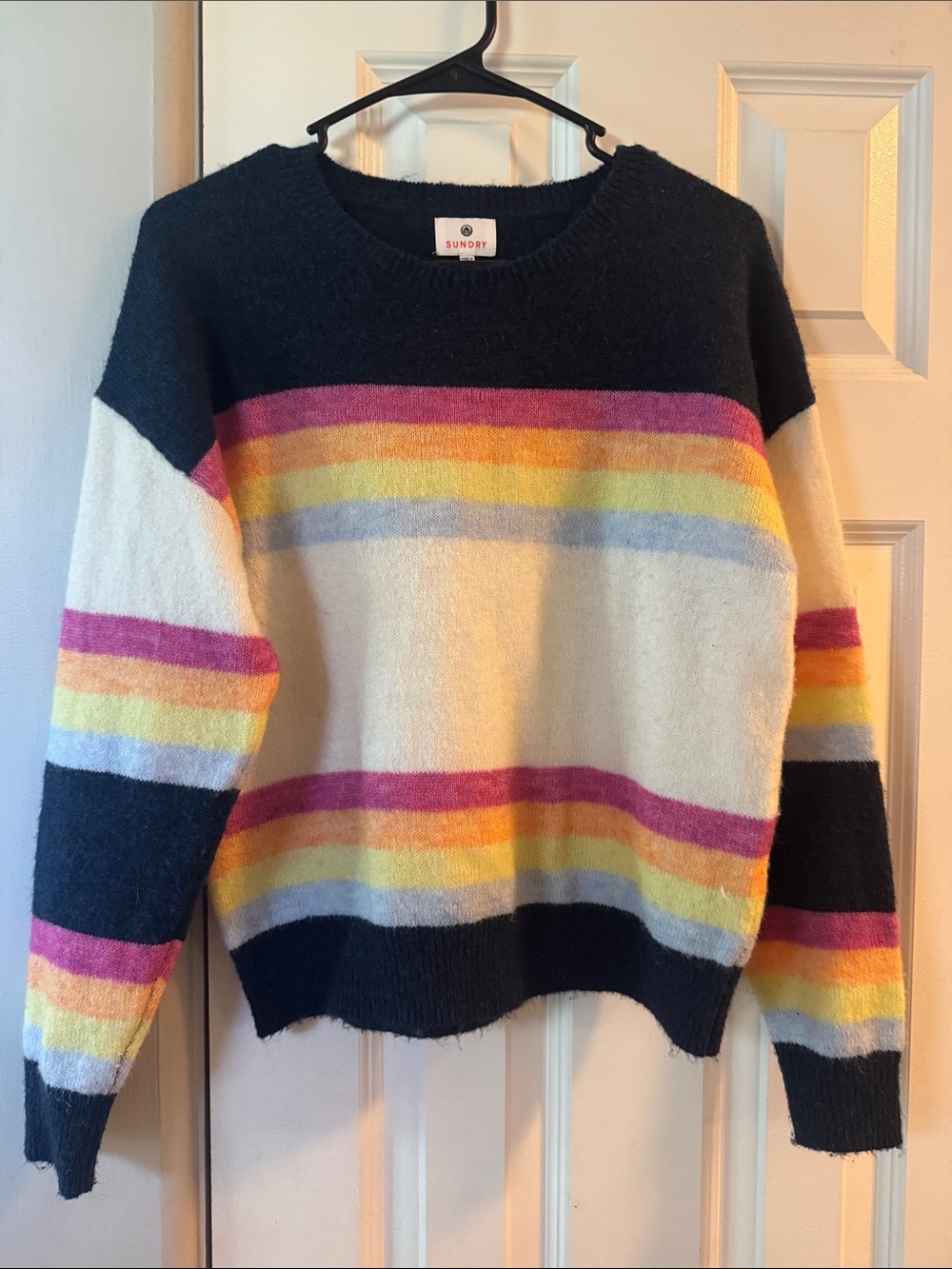 Sundry Crewneck Sweater in Cream, Navy & Rainbow Stripes